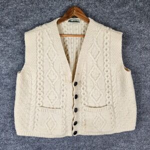 Vintage Aran Crafts Ireland Cardigan Wool Cable Knit Vest Cream Mens 2XL